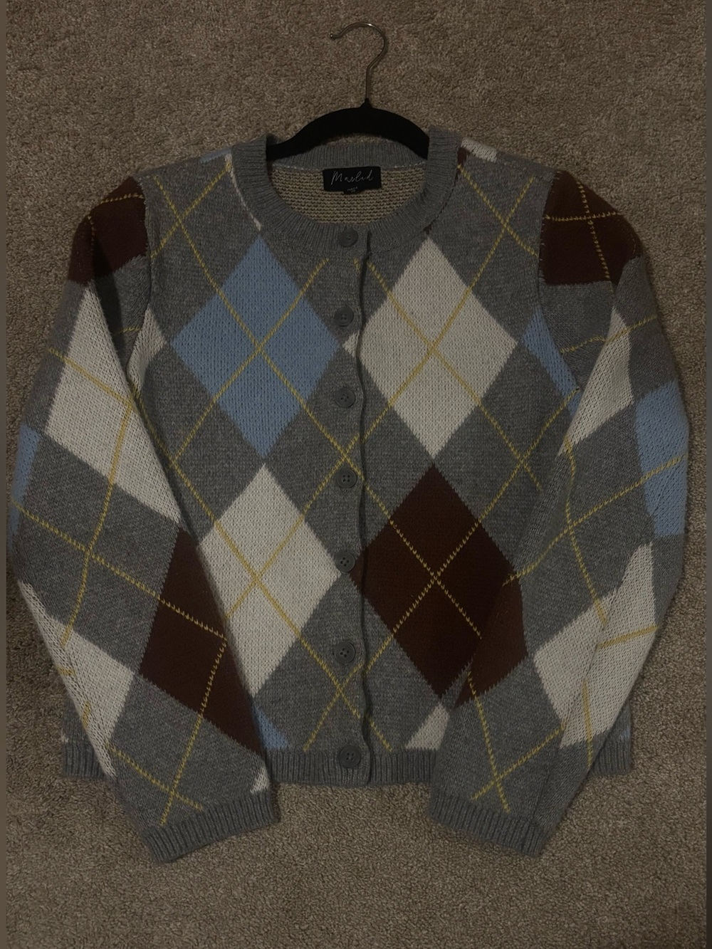 Marled Argyle Crewneck Cardigan in Gray, Blue, Brown and White